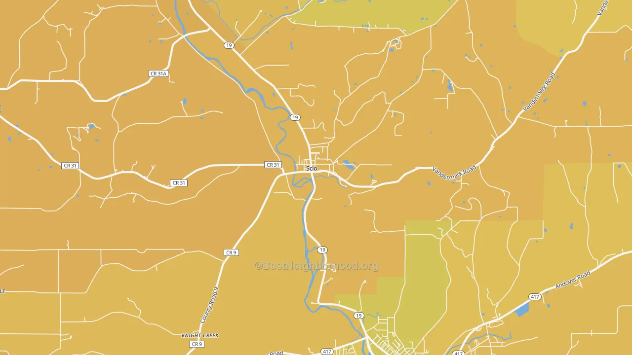 Map of the best neighborhoods in the Scio area, with better matches in green and worse matches in red