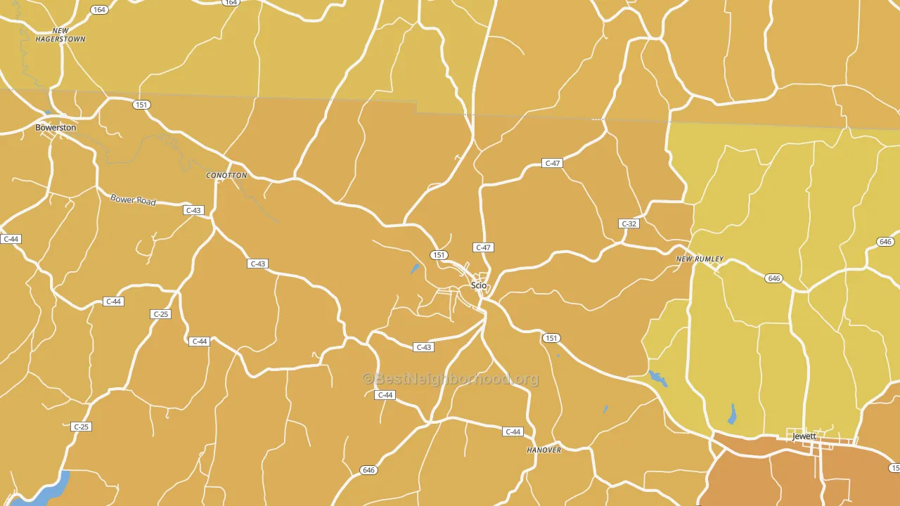 Map of the best neighborhoods in the Scio area, with better matches in green and worse matches in red