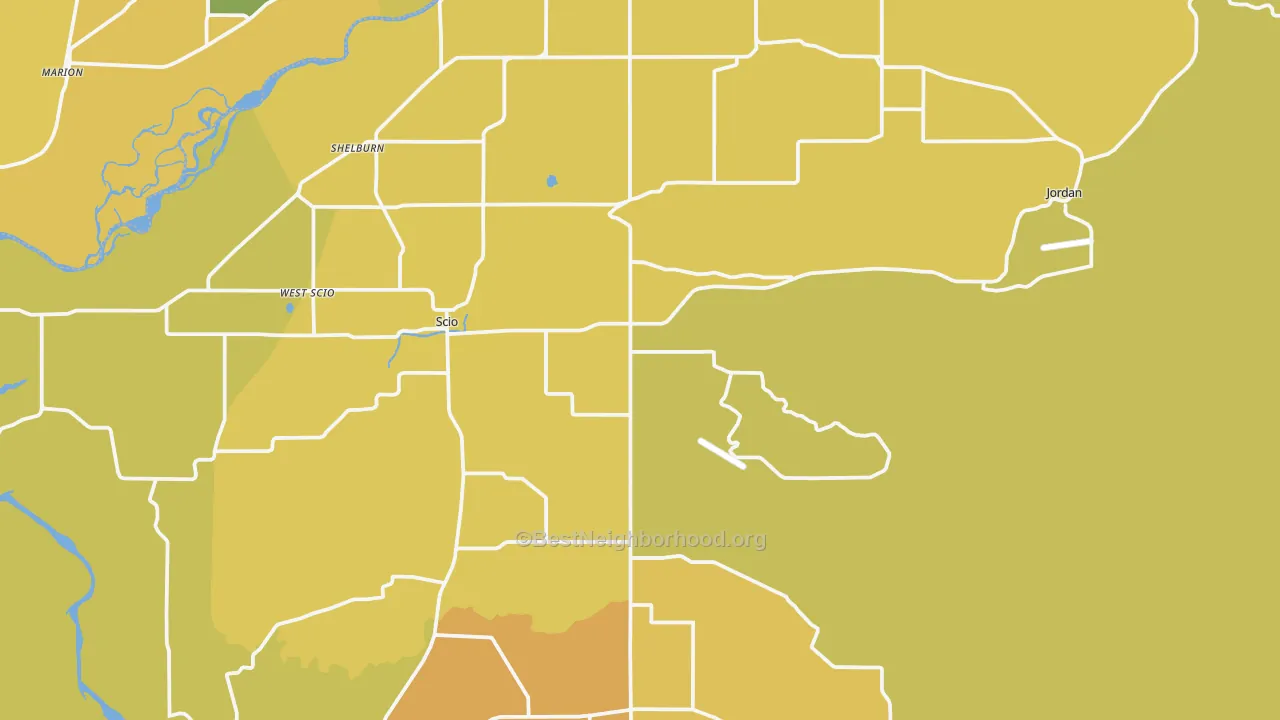 Map of the best neighborhoods in the Scio area, with better matches in green and worse matches in red