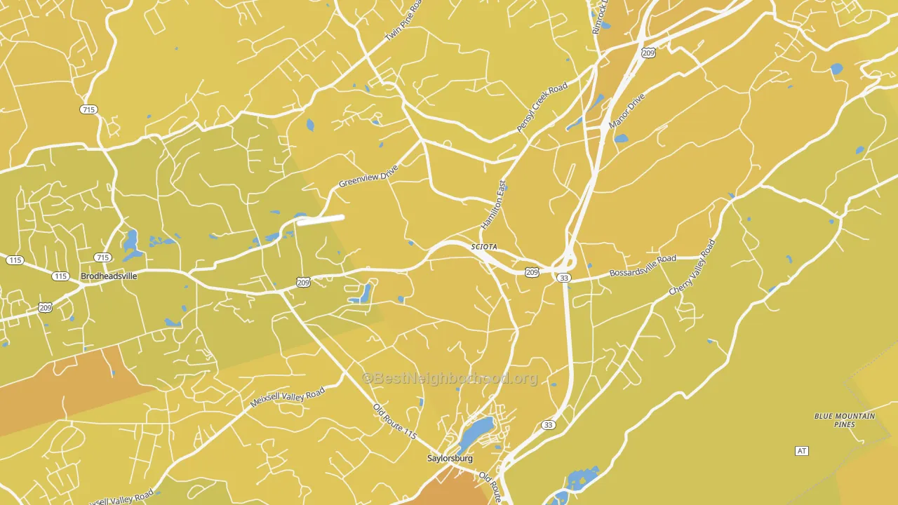 Map of the best neighborhoods in the Sciota area, with better matches in green and worse matches in red