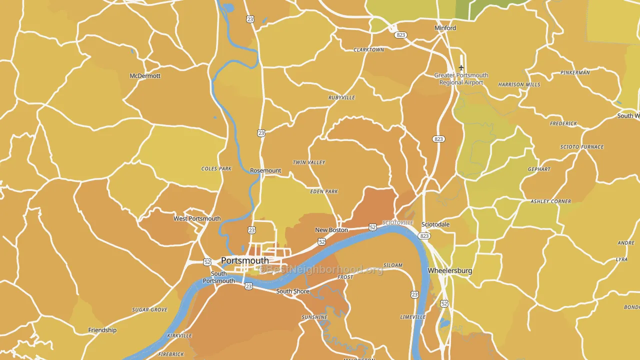 Map of the best neighborhoods in the Scioto County area, with better matches in green and worse matches in red