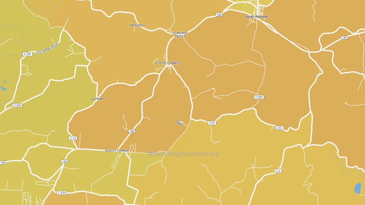 Map of the best neighborhoods in the Scioto Furnace area, with better matches in green and worse matches in red