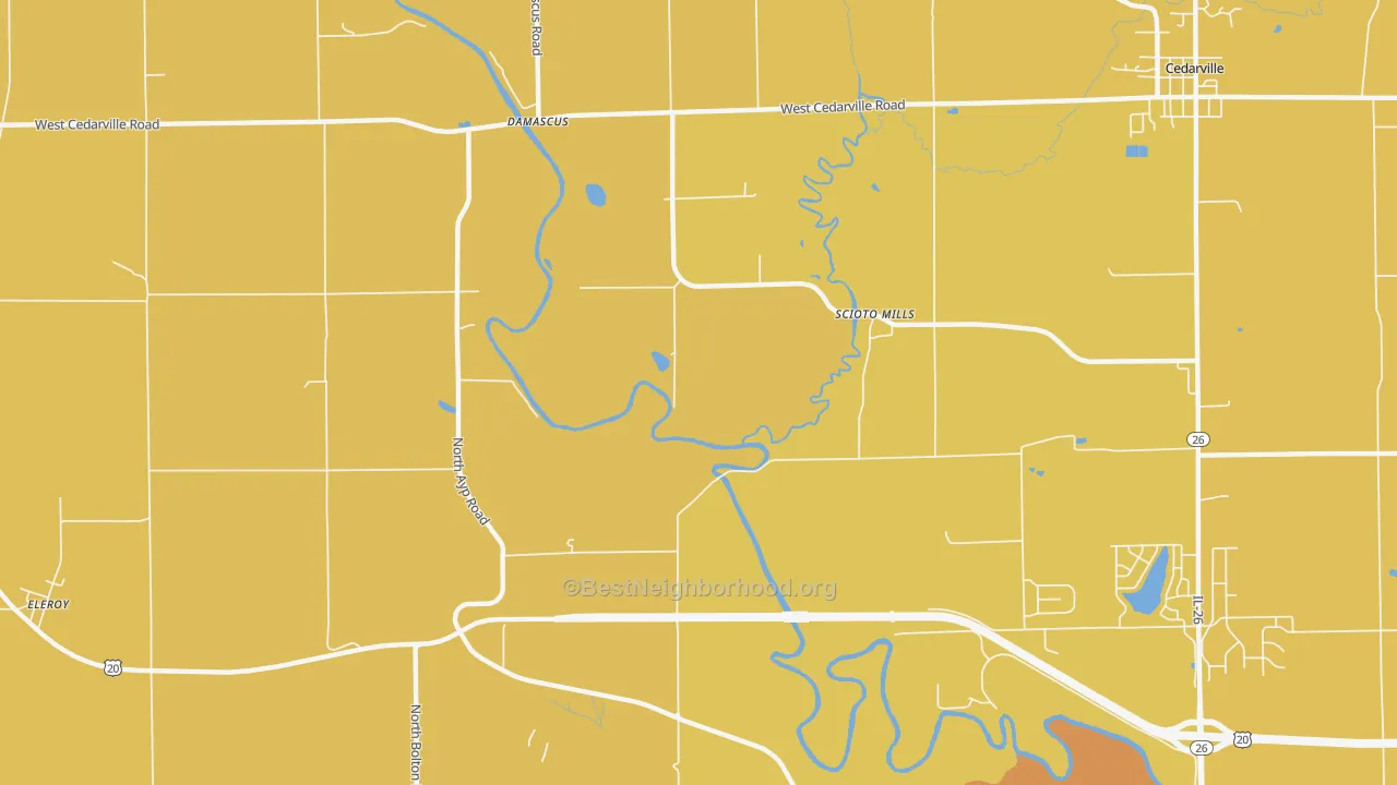 Map of the best neighborhoods in the Scioto Mills area, with better matches in green and worse matches in red