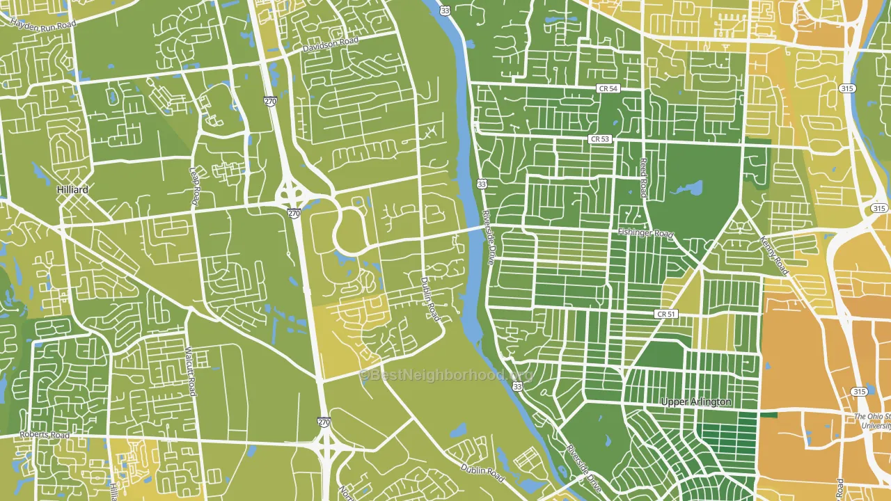 Map of the best neighborhoods in the Scioto Trace, Columbus area, with better matches in green and worse matches in red