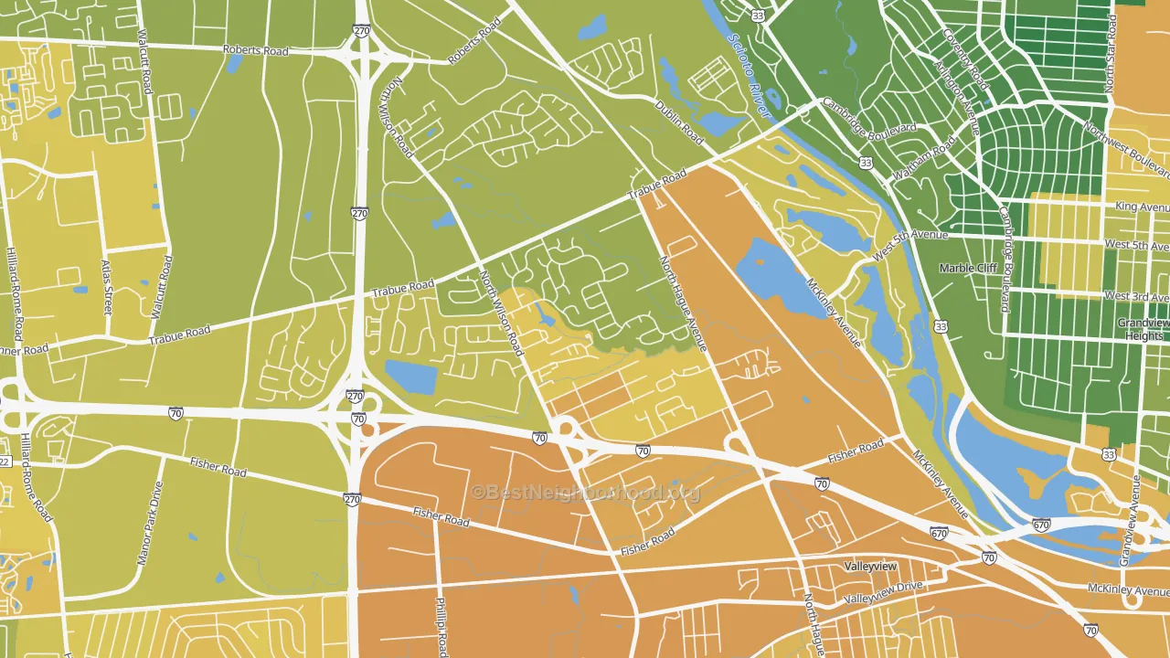 Map of the best neighborhoods in the Scioto Woods, Columbus area, with better matches in green and worse matches in red