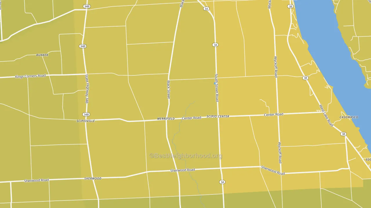 Map of the best neighborhoods in the Scipio Center area, with better matches in green and worse matches in red