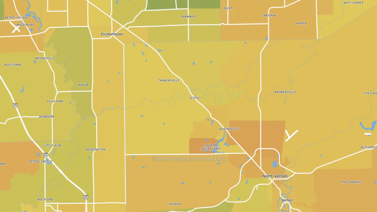 Map of the best neighborhoods in the Scipio area, with better matches in green and worse matches in red