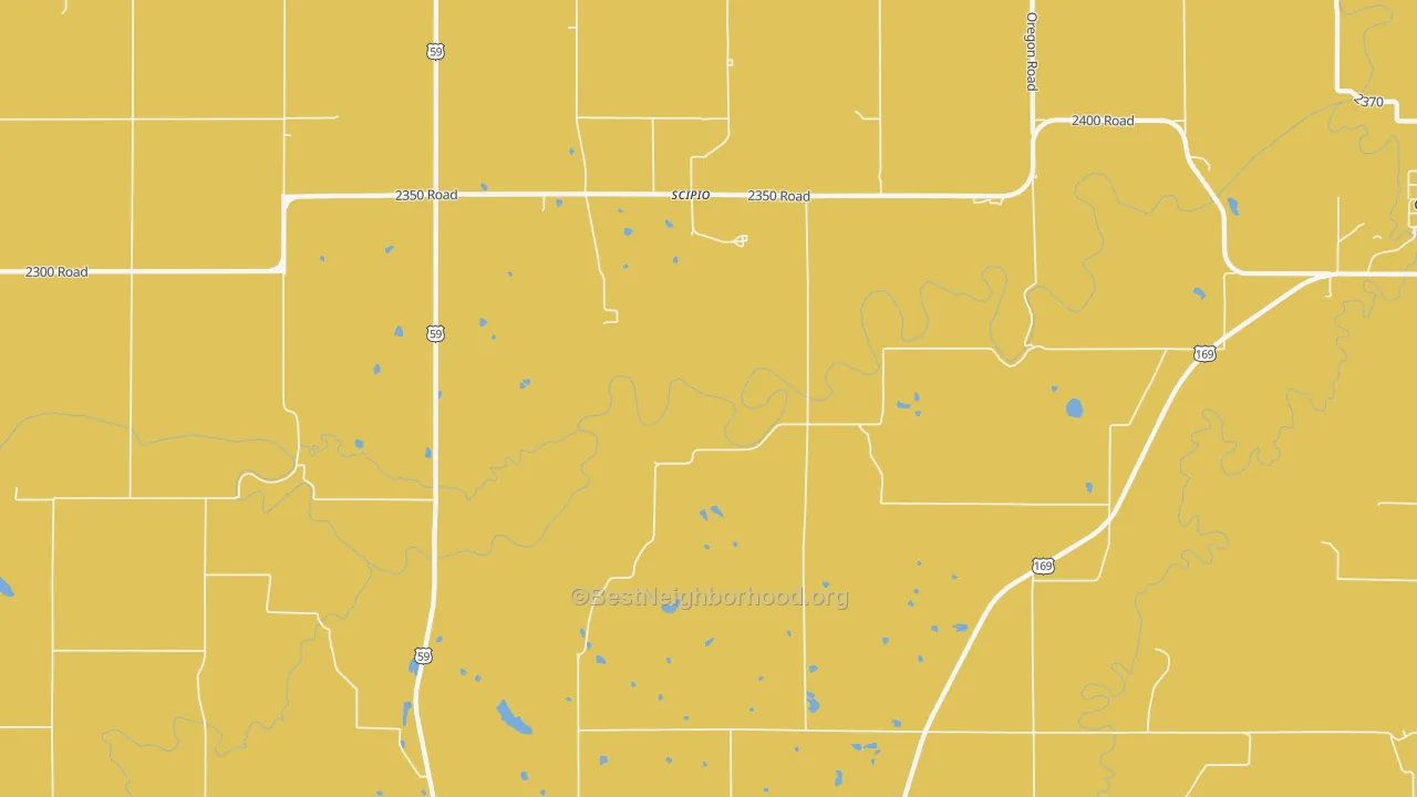 Map of the best neighborhoods in the Scipio area, with better matches in green and worse matches in red