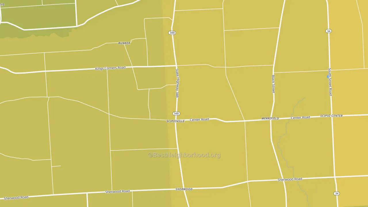 Map of the best neighborhoods in the Scipioville area, with better matches in green and worse matches in red