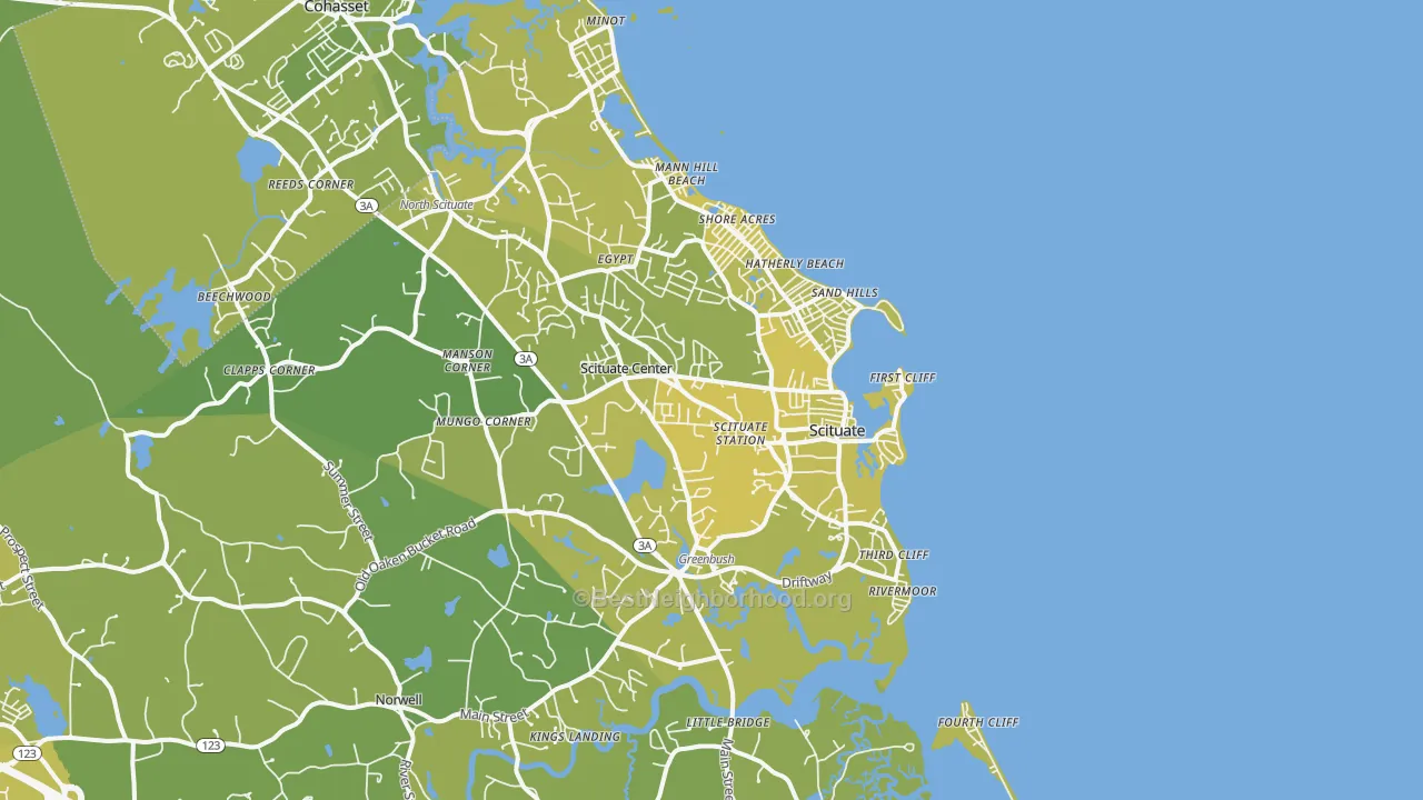 Map of the best neighborhoods in the Scituate area, with better matches in green and worse matches in red