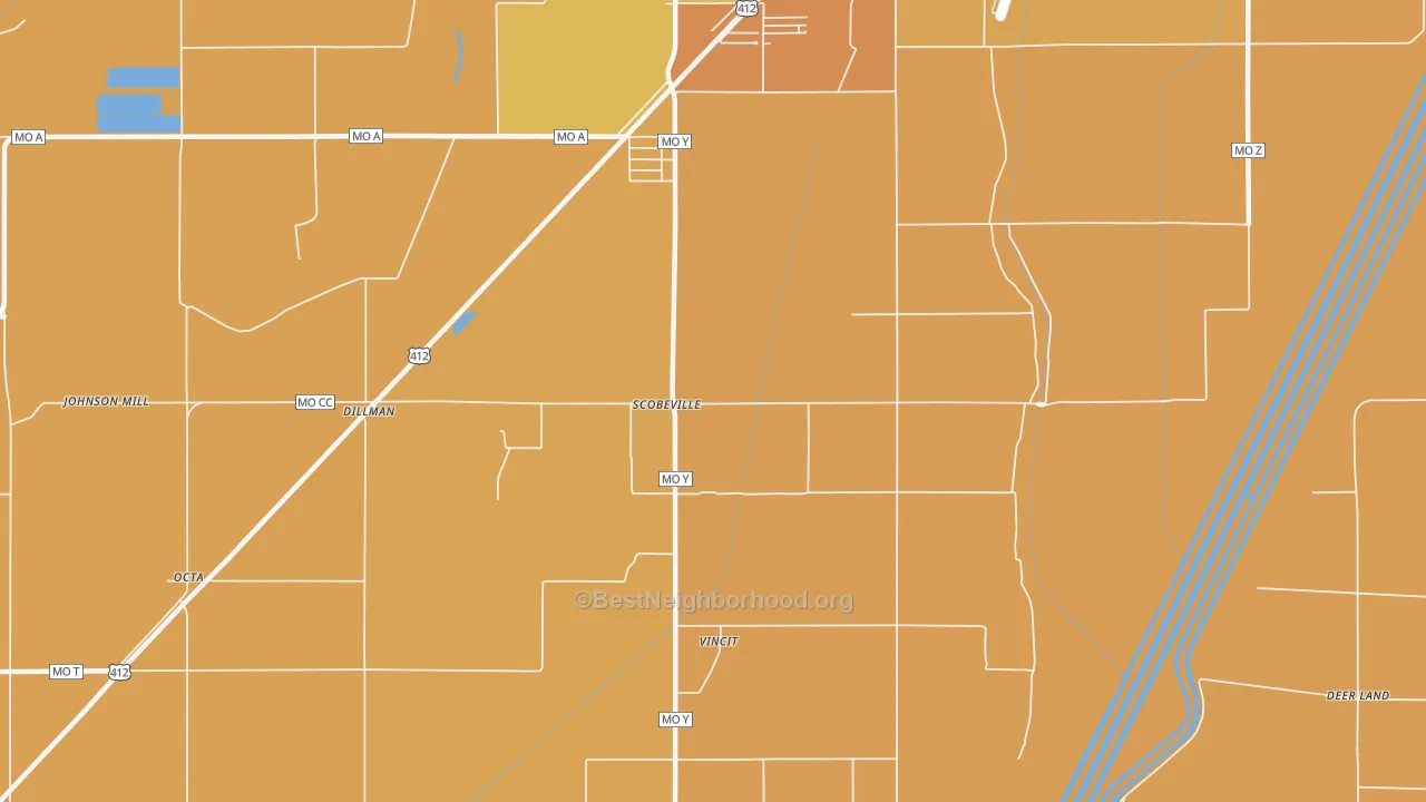 Map of the best neighborhoods in the Scobeville area, with better matches in green and worse matches in red