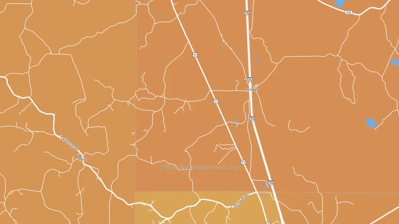 Map of the best neighborhoods in the Scobey area, with better matches in green and worse matches in red