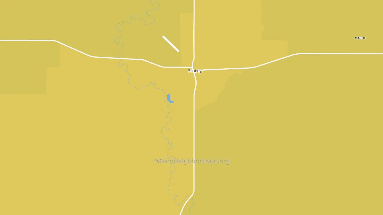 Map of the best neighborhoods in the Scobey area, with better matches in green and worse matches in red