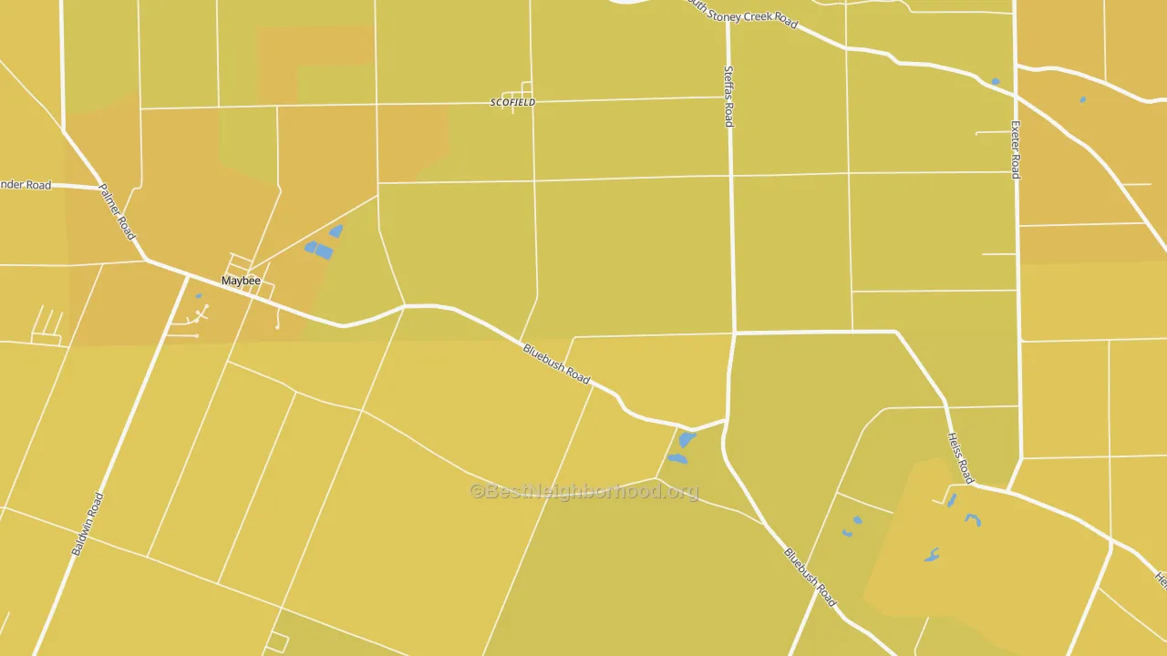 Map of the best neighborhoods in the Scofield area, with better matches in green and worse matches in red