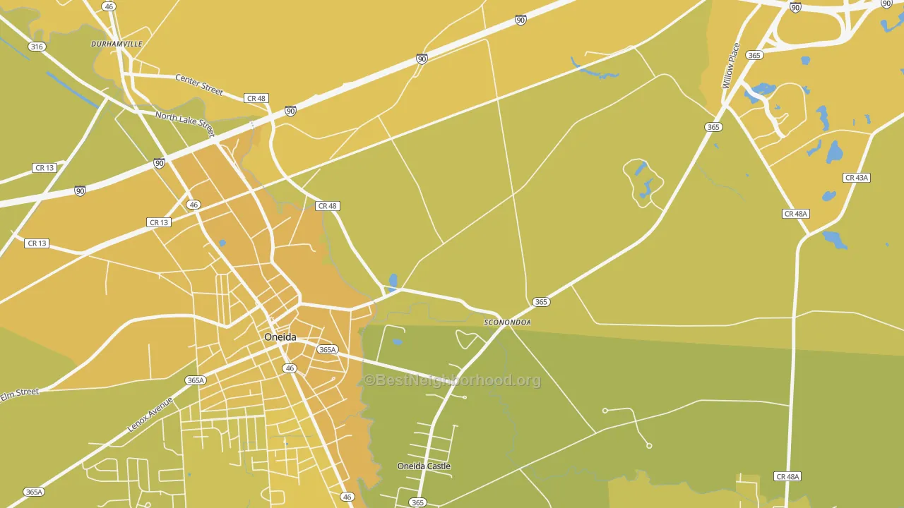 Map of the best neighborhoods in the Sconondoa area, with better matches in green and worse matches in red