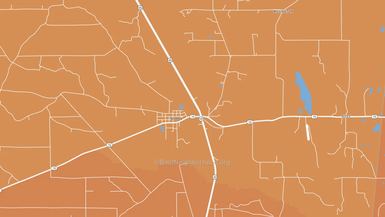 Map of the best neighborhoods in the Scooba area, with better matches in green and worse matches in red
