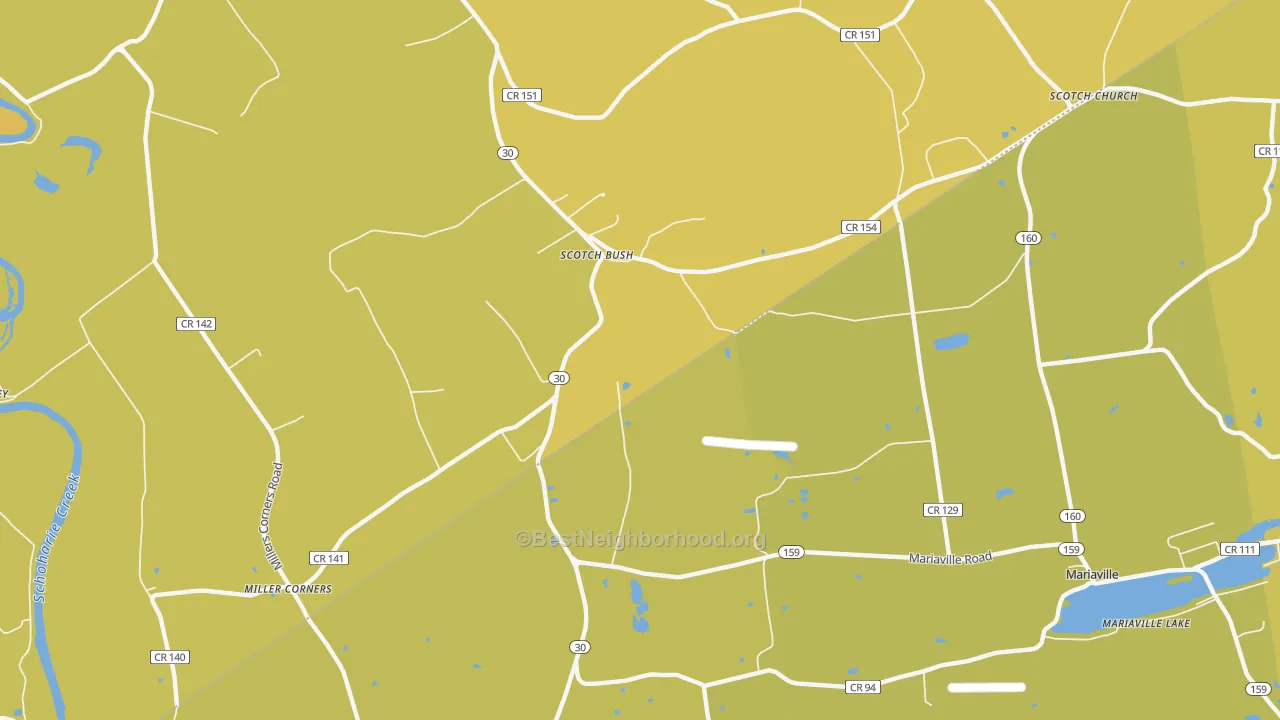 Map of the best neighborhoods in the Scotch Bush area, with better matches in green and worse matches in red