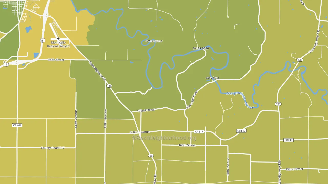 Map of the best neighborhoods in the Scotch Grove area, with better matches in green and worse matches in red