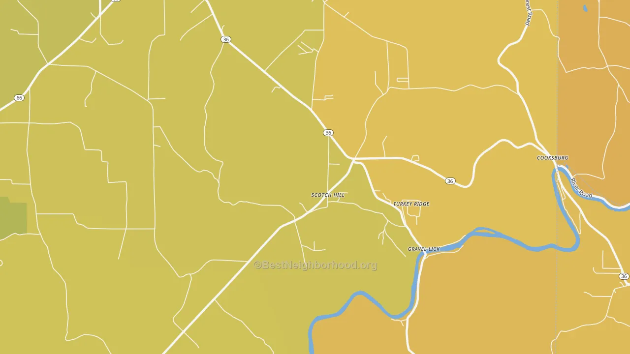 Map of the best neighborhoods in the Scotch Hill area, with better matches in green and worse matches in red
