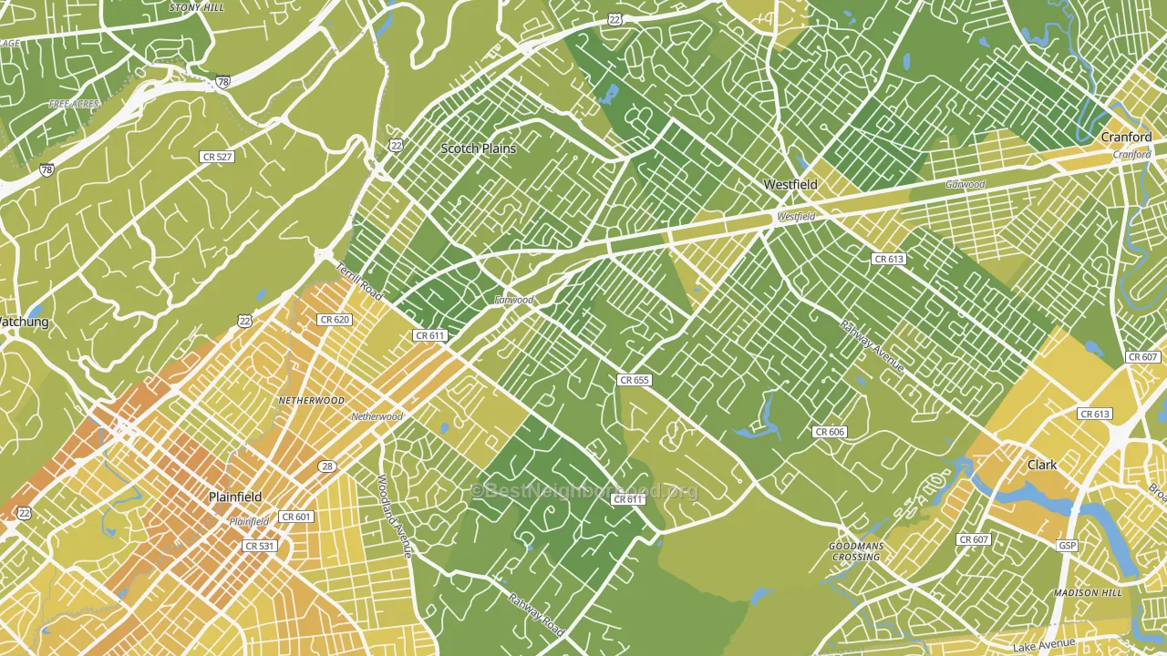 Map of the best neighborhoods in the Scotch Plains area, with better matches in green and worse matches in red