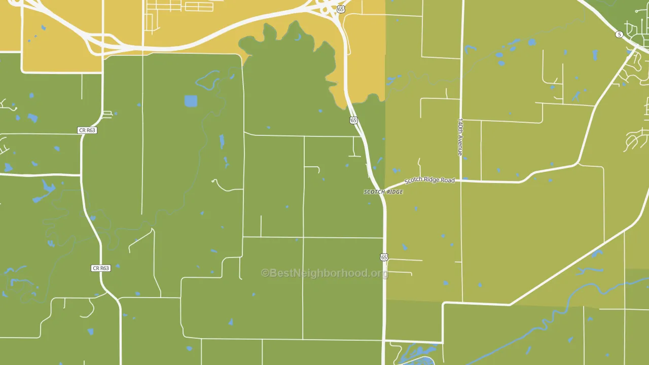 Map of the best neighborhoods in the Scotch Ridge area, with better matches in green and worse matches in red