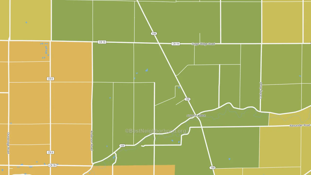 Map of the best neighborhoods in the Scotch Ridge area, with better matches in green and worse matches in red