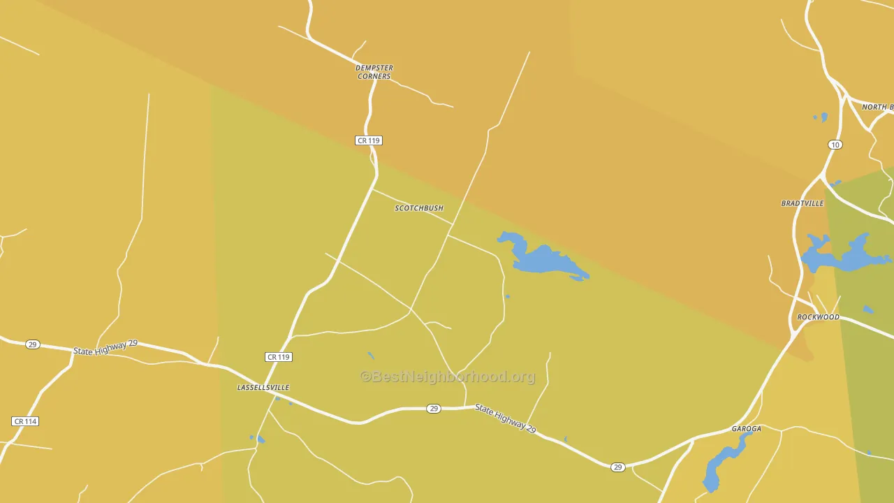 Map of the best neighborhoods in the Scotchbrush area, with better matches in green and worse matches in red