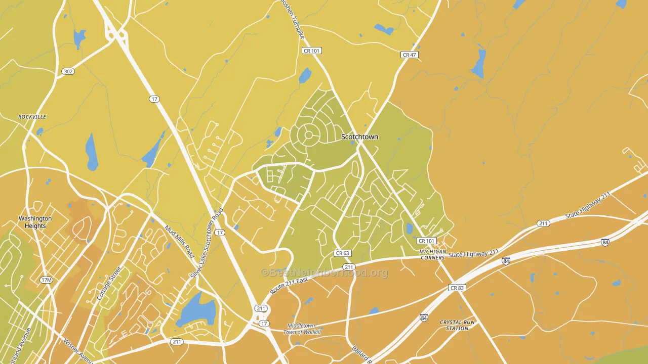 Map of the best neighborhoods in the Scotchtown area, with better matches in green and worse matches in red