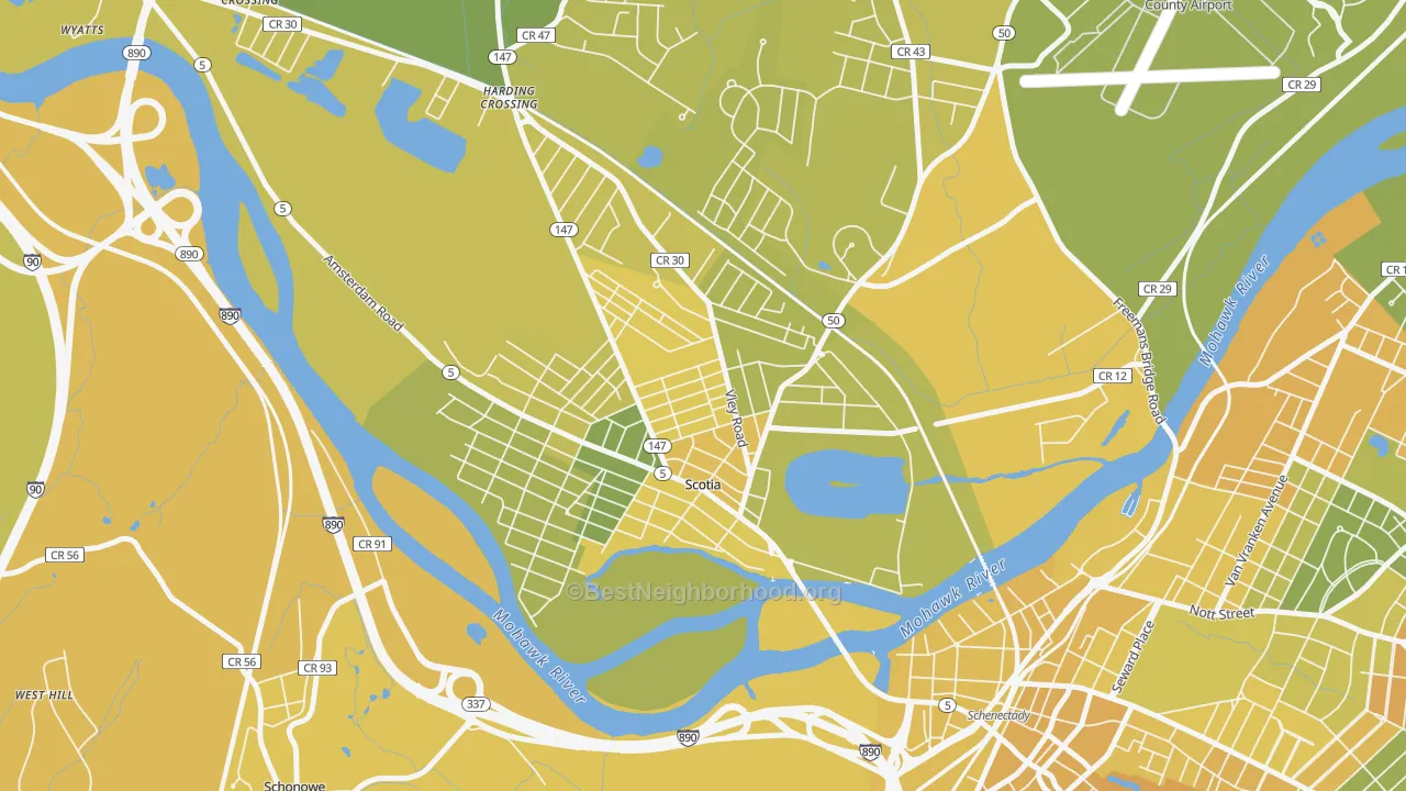 Map of the best neighborhoods in the Scotia area, with better matches in green and worse matches in red