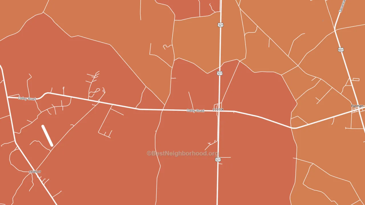 Map of the best neighborhoods in the Scotia area, with better matches in green and worse matches in red