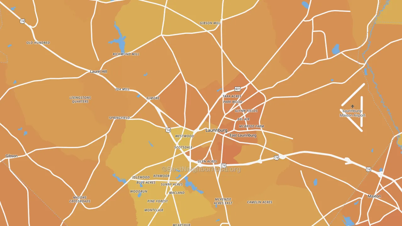 Map of the best neighborhoods in the Scotland County area, with better matches in green and worse matches in red