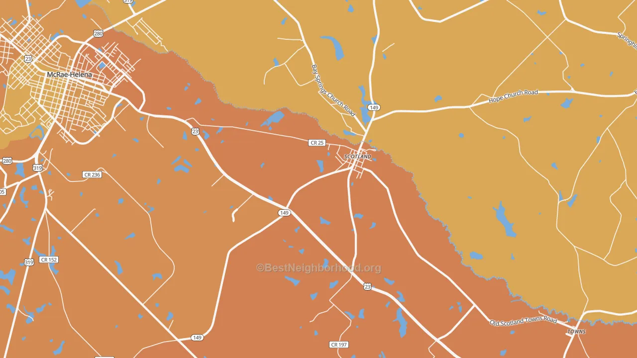 Map of the best neighborhoods in the Scotland area, with better matches in green and worse matches in red