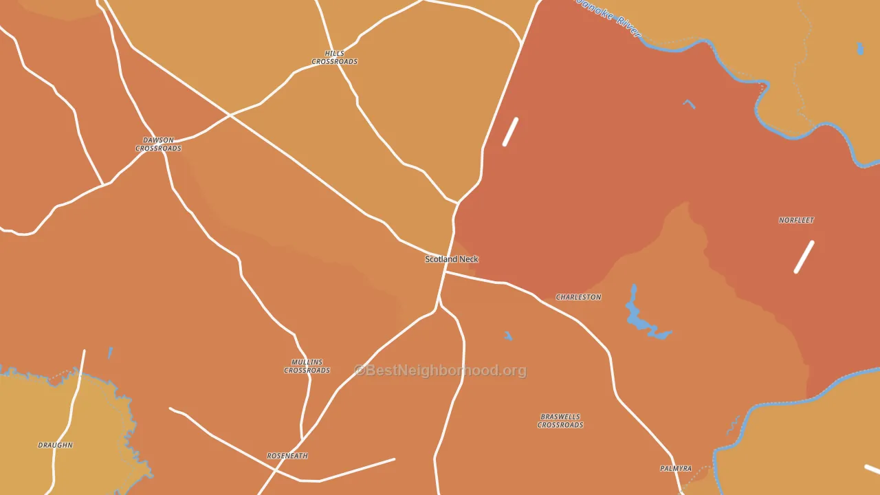 Map of the best neighborhoods in the Scotland Neck area, with better matches in green and worse matches in red