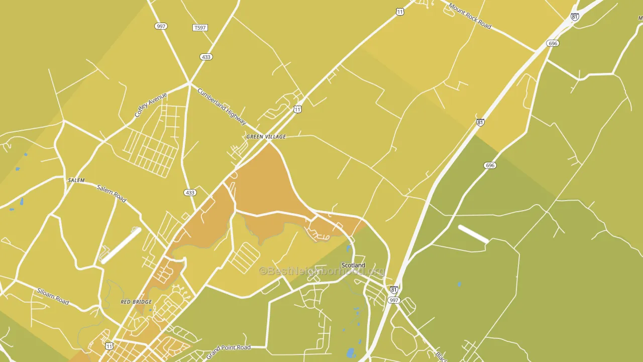 Map of the best neighborhoods in the Scotland area, with better matches in green and worse matches in red