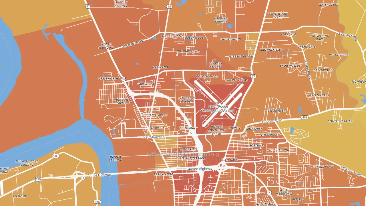 Map of the best neighborhoods in the Scotlandville, Baton Rouge area, with better matches in green and worse matches in red