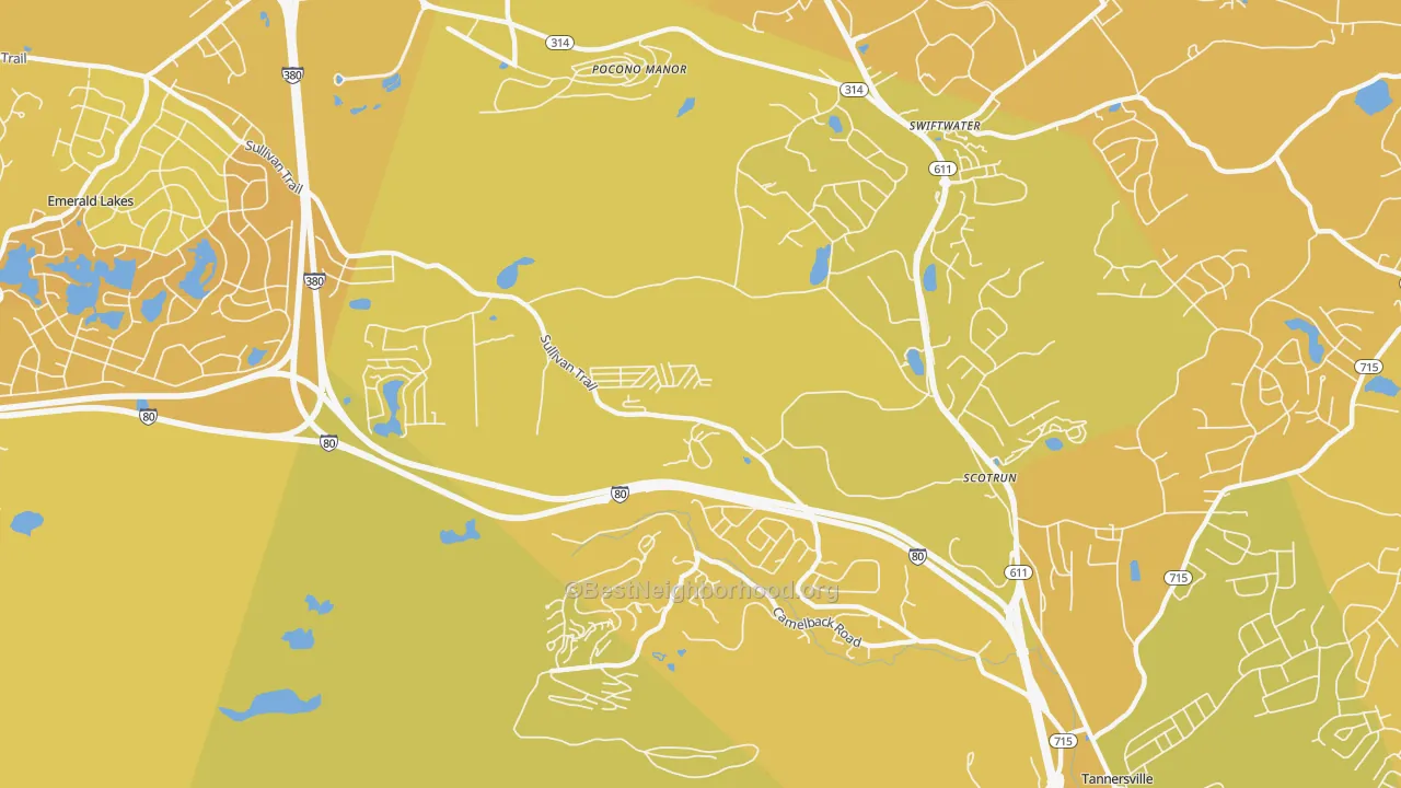 Map of the best neighborhoods in the Scotrun area, with better matches in green and worse matches in red