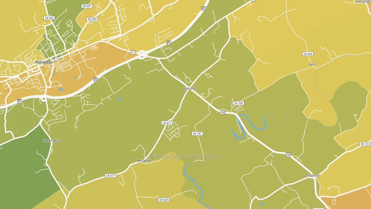 Map of the best neighborhoods in the Scott Addition area, with better matches in green and worse matches in red