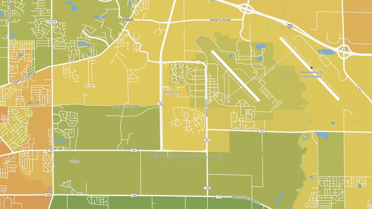 Map of the best neighborhoods in the Scott AFB area, with better matches in green and worse matches in red