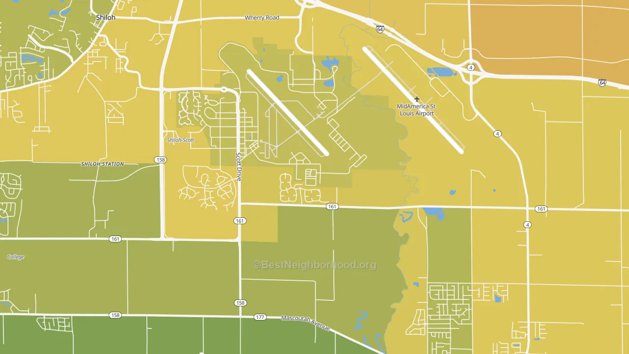 Map of the best neighborhoods in the Scott Air Force Base area, with better matches in green and worse matches in red