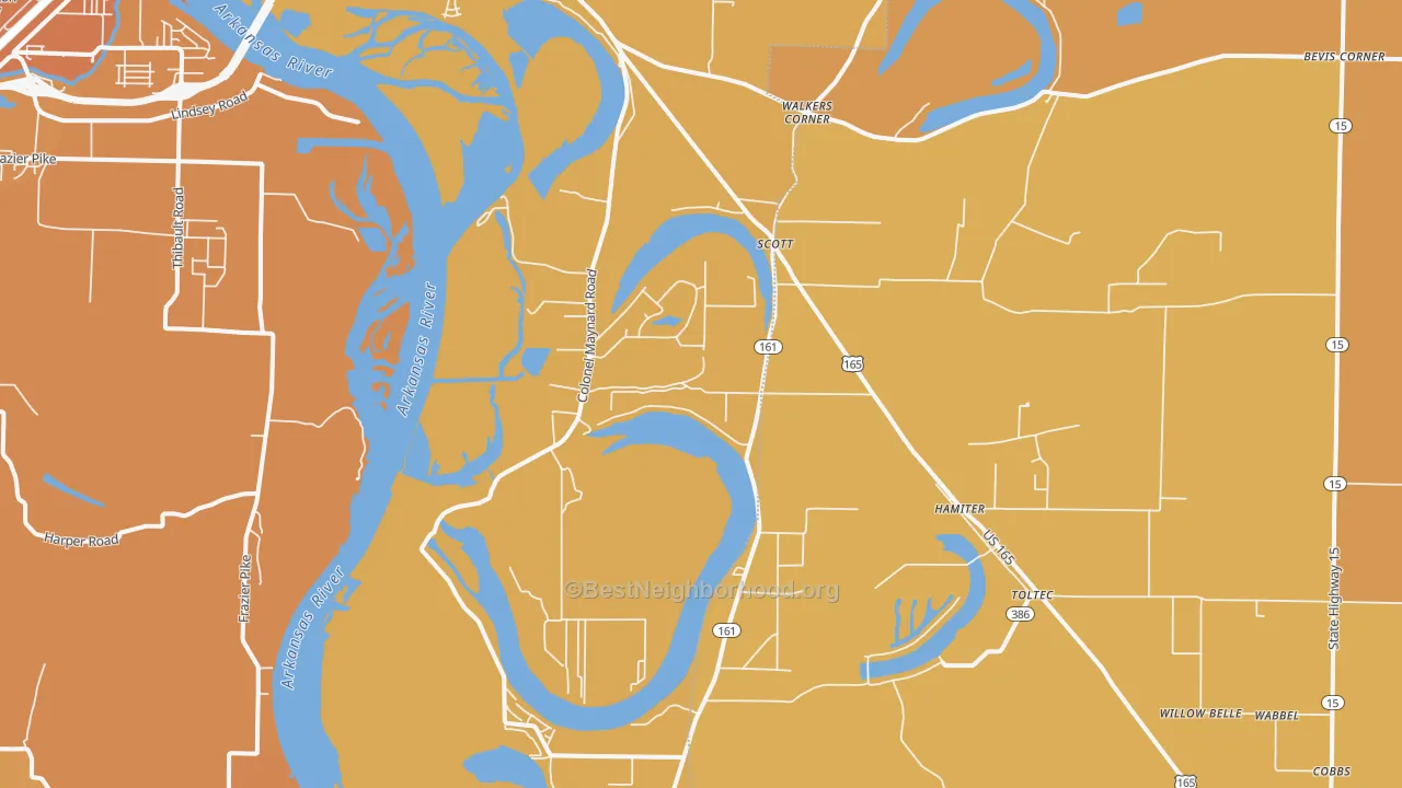 Map of the best neighborhoods in the Scott area, with better matches in green and worse matches in red