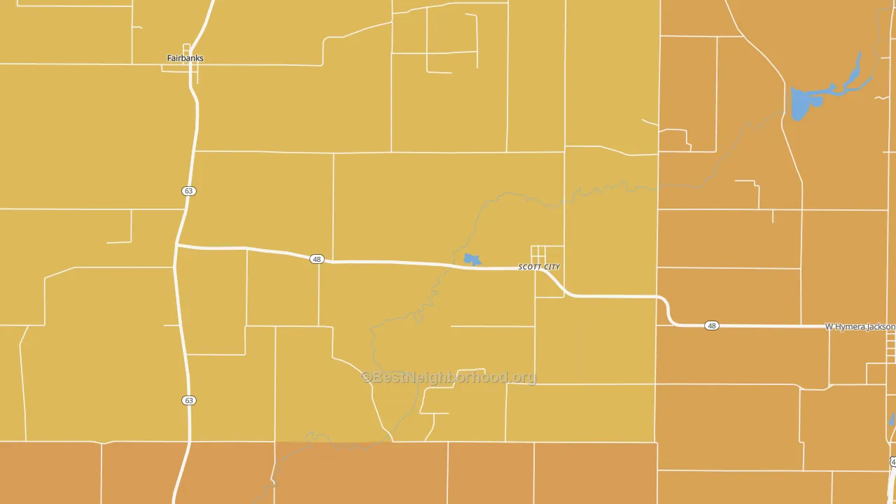 Map of the best neighborhoods in the Scott City area, with better matches in green and worse matches in red