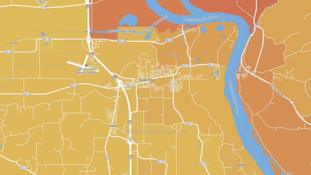 Map of the best neighborhoods in the Scott City area, with better matches in green and worse matches in red