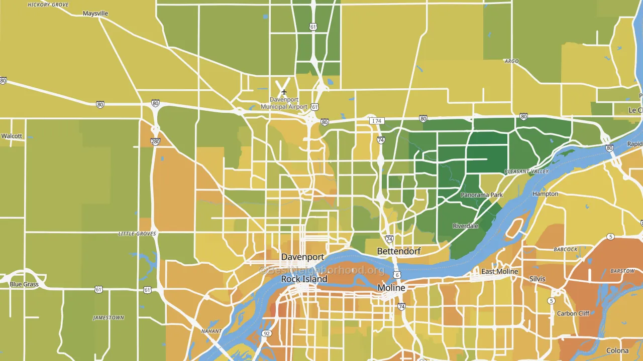 Map of the best neighborhoods in the Scott County area, with better matches in green and worse matches in red