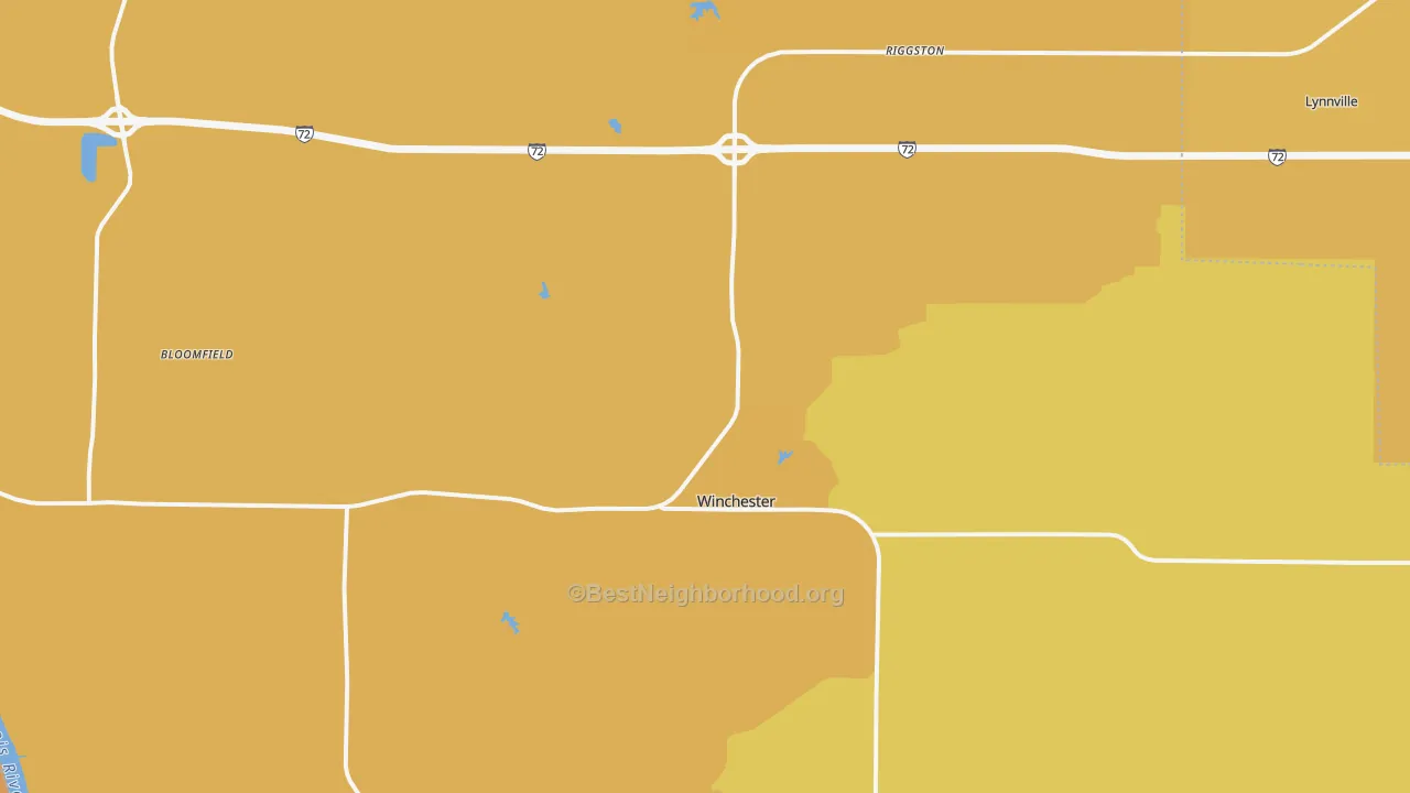 Map of the best neighborhoods in the Scott County area, with better matches in green and worse matches in red