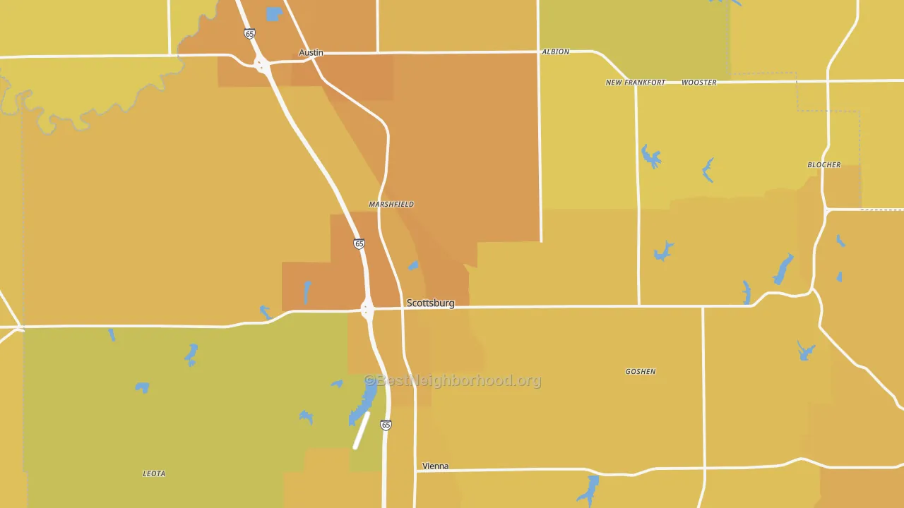 Map of the best neighborhoods in the Scott County area, with better matches in green and worse matches in red