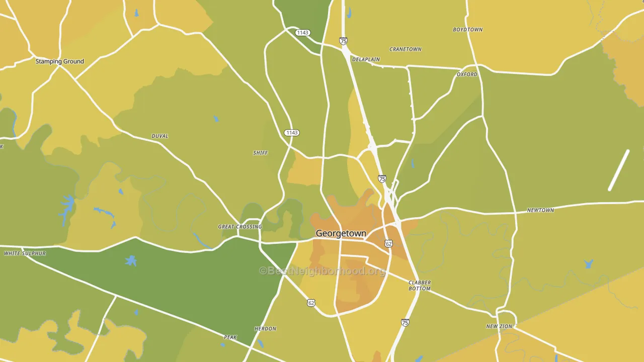 Map of the best neighborhoods in the Scott County area, with better matches in green and worse matches in red
