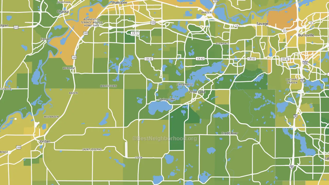 Map of the best neighborhoods in the Scott County area, with better matches in green and worse matches in red