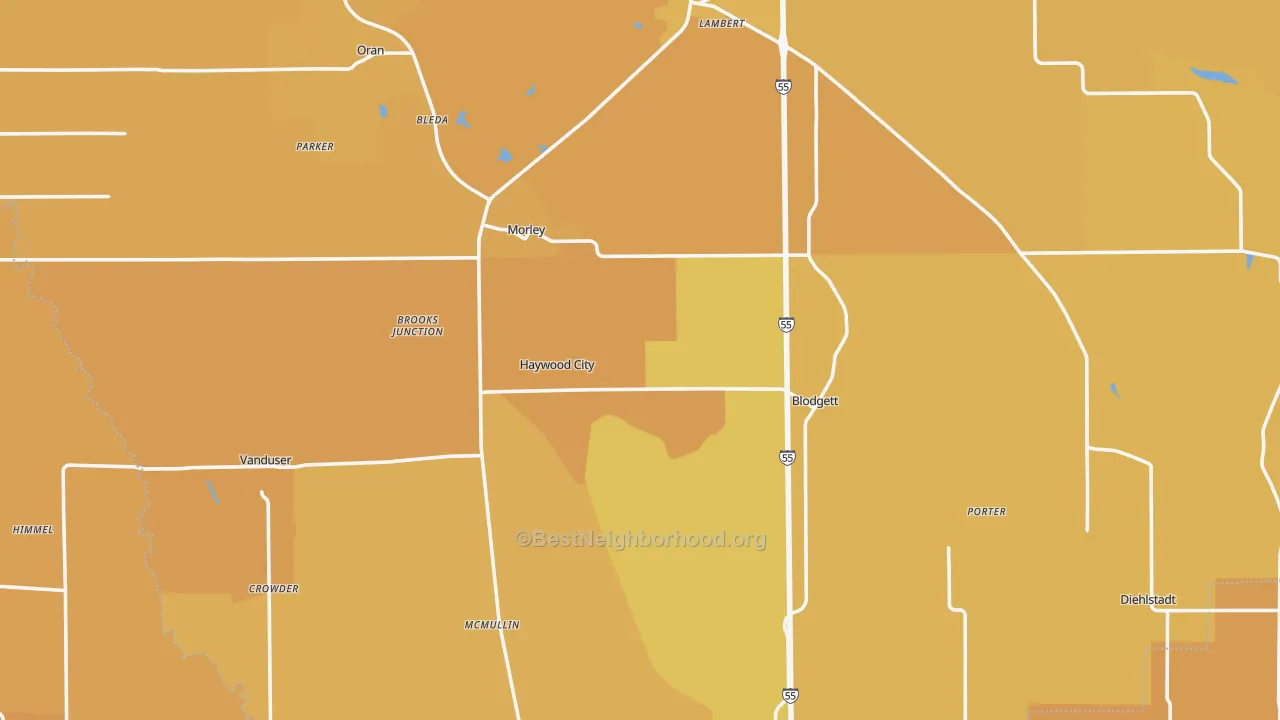 Map of the best neighborhoods in the Scott County area, with better matches in green and worse matches in red