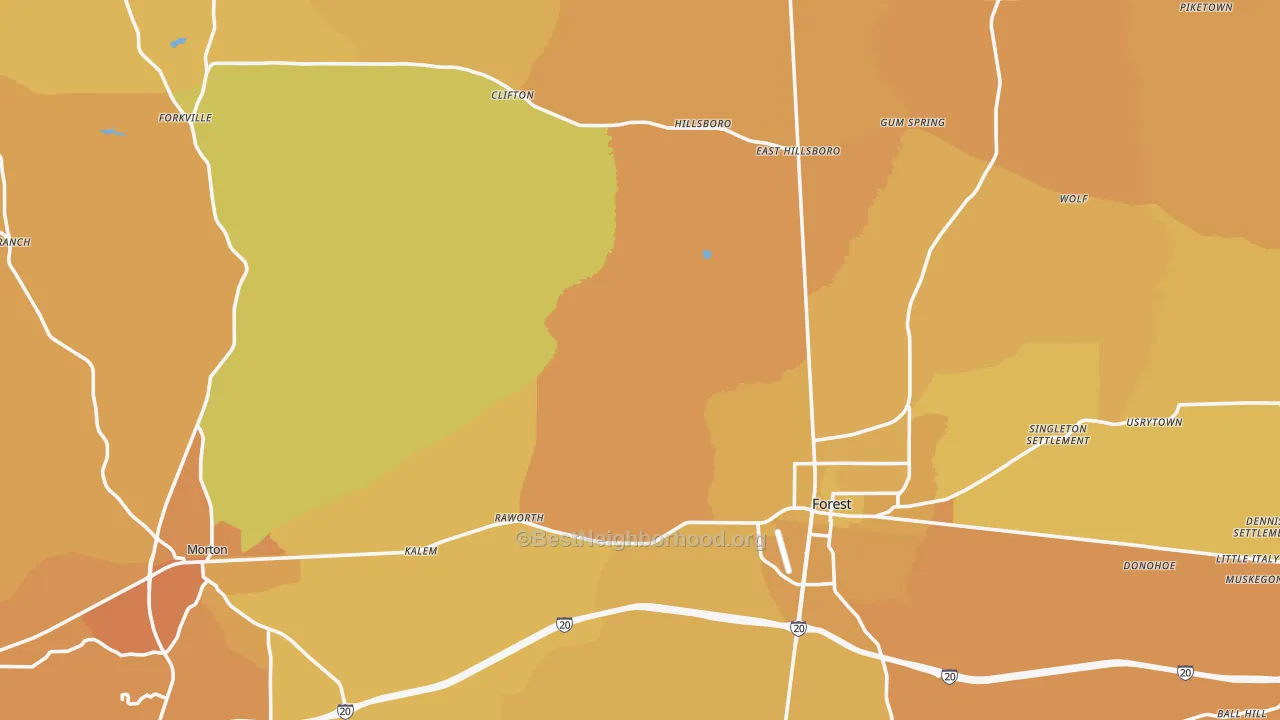 Map of the best neighborhoods in the Scott County area, with better matches in green and worse matches in red