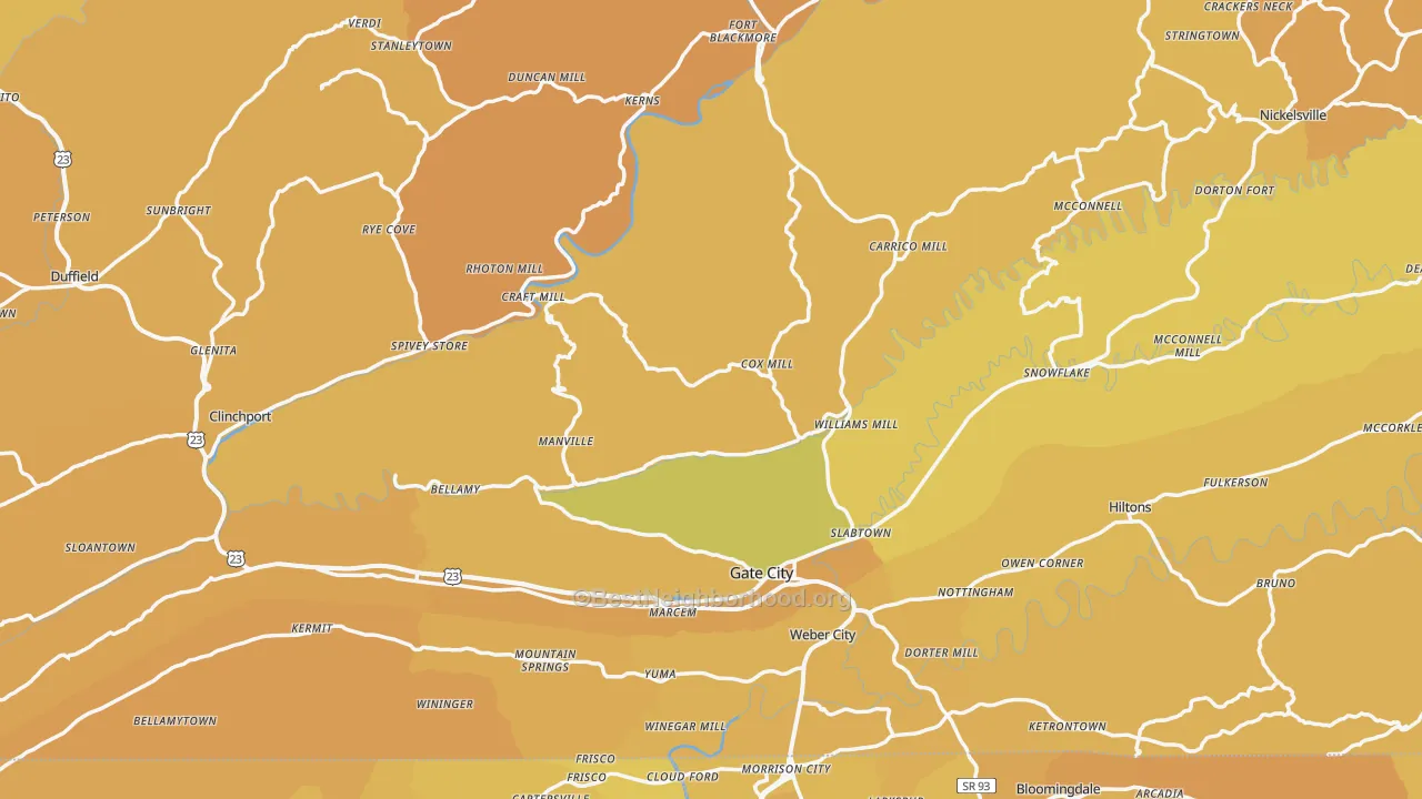 Map of the best neighborhoods in the Scott County area, with better matches in green and worse matches in red